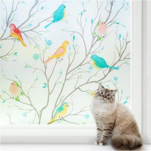 imagerabbitgoo Window Privacy Film Frosted Glass Window Film Stained Glass Removable Decorative Privacy Sticker Non Adhesive UV Blocking Front Door Covering for Home 3D Autumn Leaf 175quot x 787quotFrosted Bird Pattern