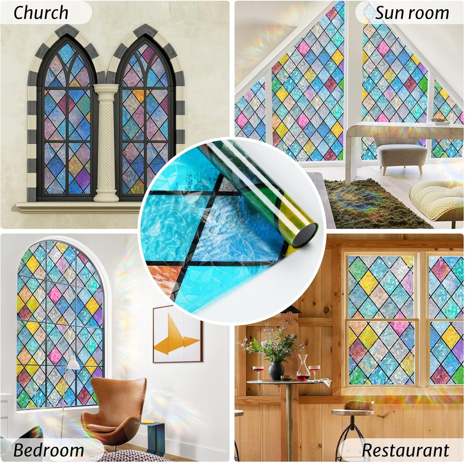 imagerabbitgoo Stained Glass Window Film Rainbow Film Decorative 3D Privacy Sticker Colorful Lattice Window Decals Cling Sun Catcher Static Decals for Home 175quot787quot175 x 1574