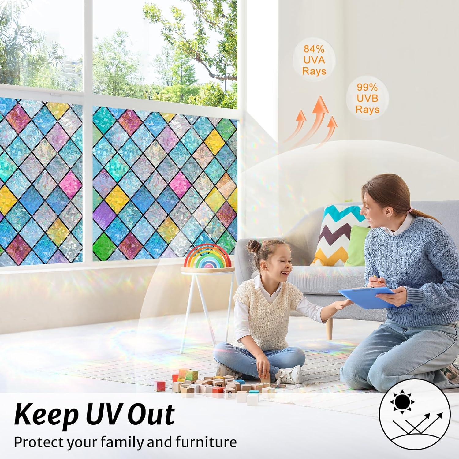 imagerabbitgoo Stained Glass Window Film Rainbow Film Decorative 3D Privacy Sticker Colorful Lattice Window Decals Cling Sun Catcher Static Decals for Home 175quot787quot175 x 1574
