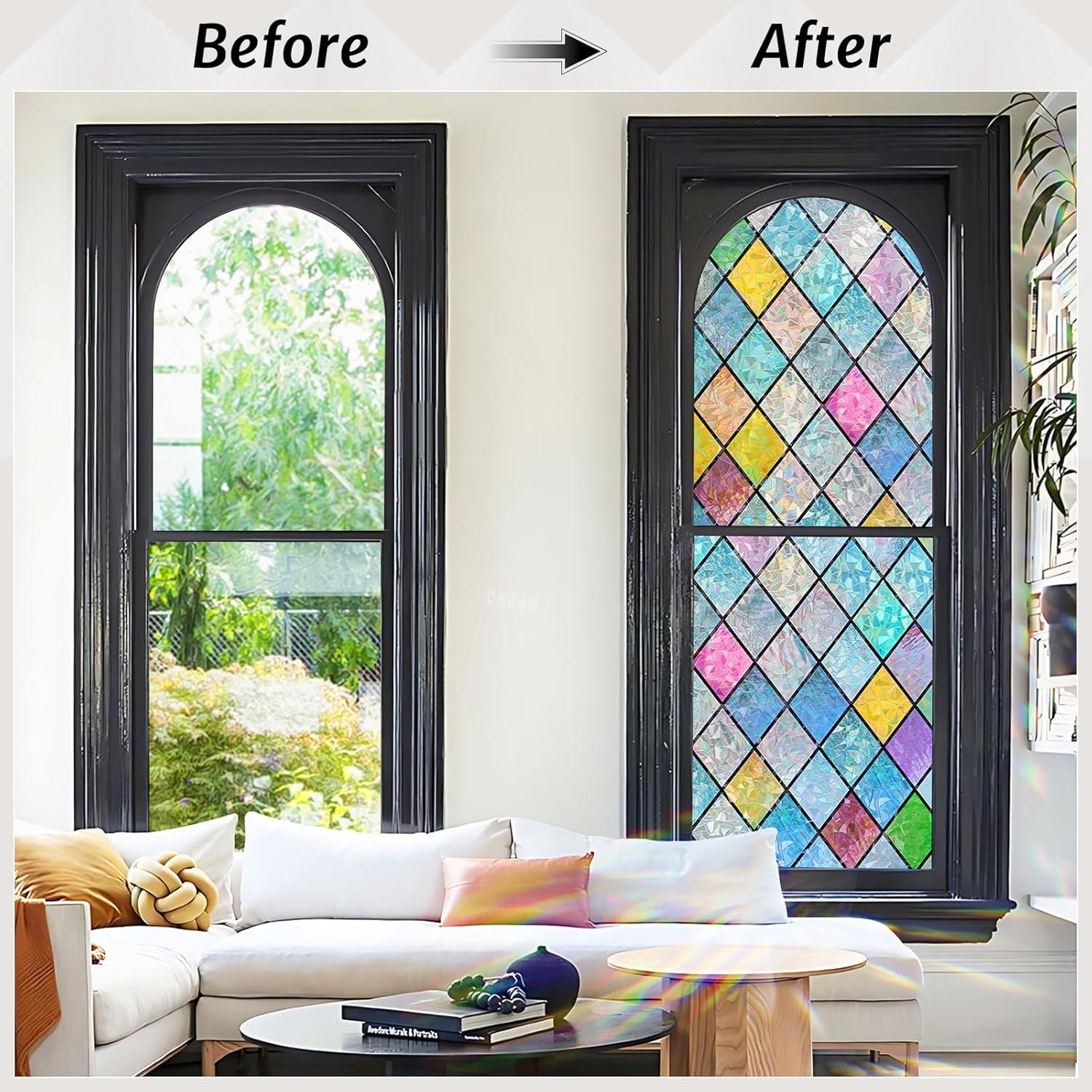 imagerabbitgoo Stained Glass Window Film Rainbow Film Decorative 3D Privacy Sticker Colorful Lattice Window Decals Cling Sun Catcher Static Decals for Home 175quot787quot175 x 1574