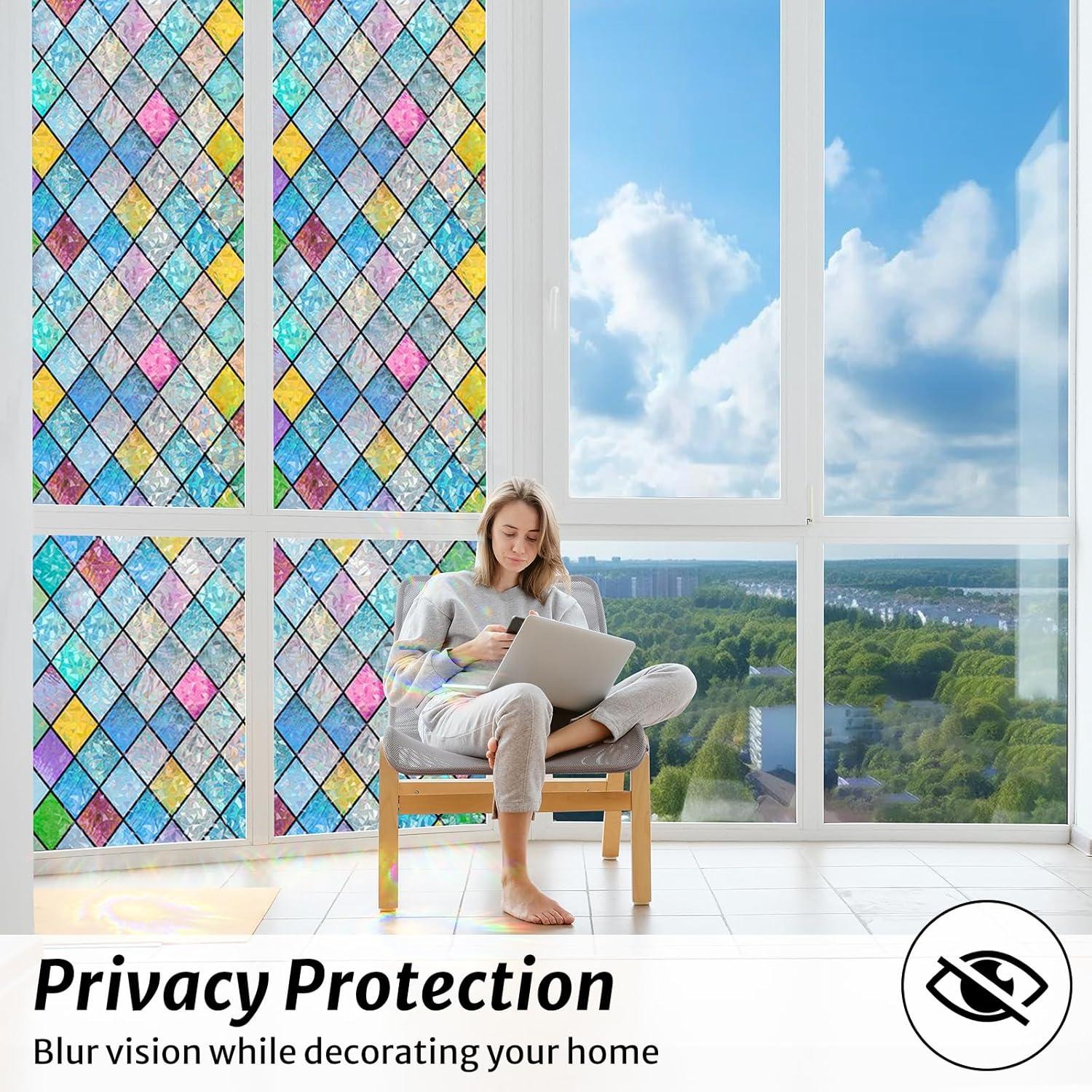 imagerabbitgoo Stained Glass Window Film Rainbow Film Decorative 3D Privacy Sticker Colorful Lattice Window Decals Cling Sun Catcher Static Decals for Home 175quot787quot175 x 1574
