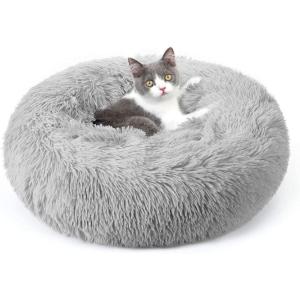 imagerabbitgoo Cat Beds for Indoor Cats 20 inches Cat Bed Machine Washable Fluffy Round Pet Bed NonSlip Calming Soft Plush Donut Cuddler Cushion Self Warming for Small Dogs Kittens Light Pink MediumLight Grey