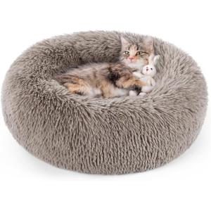 imagerabbitgoo Cat Beds for Indoor Cats 20 inches Cat Bed Machine Washable Fluffy Round Pet Bed NonSlip Calming Soft Plush Donut Cuddler Cushion Self Warming for Small Dogs Kittens Light Pink MediumKhaki