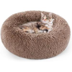 imagerabbitgoo Cat Beds for Indoor Cats 20 inches Cat Bed Machine Washable Fluffy Round Pet Bed NonSlip Calming Soft Plush Donut Cuddler Cushion Self Warming for Small Dogs Kittens Light Pink MediumLight Brown