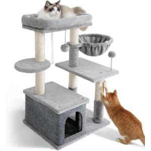 imagerabbitgoo Cat Tree for Indoor Cats 33quot Cat Tower Condo with Scratching Posts for Kittens Small Cat Climbing Stable Stand with Toys ampamp Plush Perch for Feline Play Rest MultiLevel Pet Activity Center