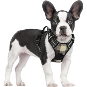 imagerabbitgoo Dog Harness No Pull with 2 Leash Clips Adjustable Soft Padded Reflective Oxford No Choke Pet Vest with Easy Control Handle for Large Dogs Pink LCheckered Brown