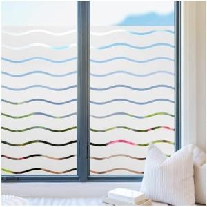 image:imagerabbitgoo Window Privacy Film Frosted Glass Privacy Film Window Frosting Cling for Glass Non Adhesive Static Cling Front Door Covring AntiUV Reeded Blinds Sticker Striped Pattern 175 x 787Wave Pattern