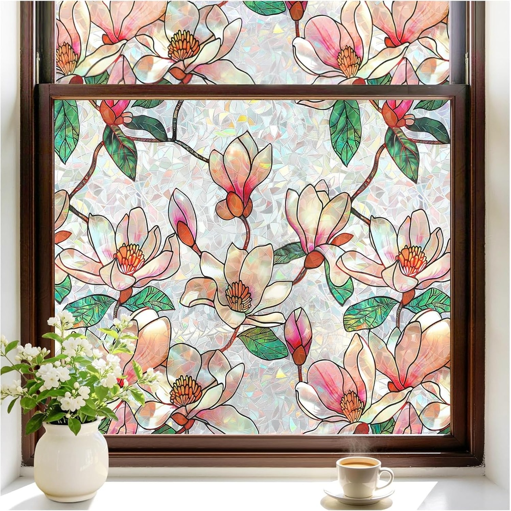 image:imagerabbitgoo Window Privacy Film Stained Glass Window Film Decorative 3D Rainbow Static Cling Colorful Decals UV Blocking NonAdhesive Coverings for Home Door Cosmos Flowers 175 x 787Magnolia
