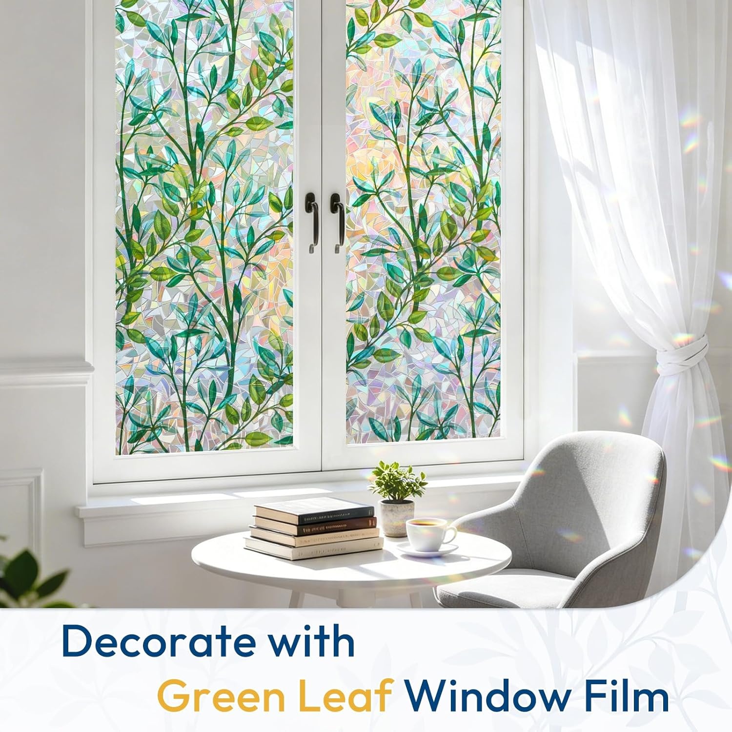 image:imagerabbitgoo Window Privacy Film Stained Glass Window Film Decorative 3D Rainbow Static Cling Colorful Decals UV Blocking NonAdhesive Coverings for Home Door Green Leaf 175 x 787Leaf