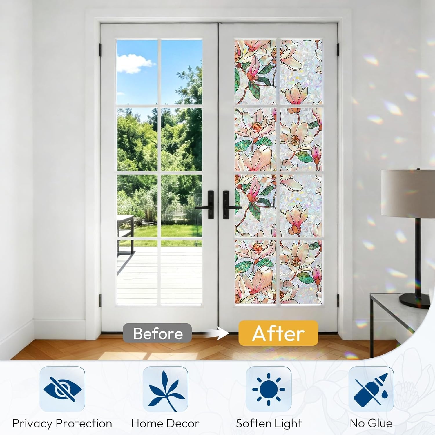 image:imagerabbitgoo Window Privacy Film Stained Glass Window Film Decorative 3D Rainbow Static Cling Colorful Decals UV Blocking NonAdhesive Coverings for Home Door Cosmos Flowers 175 x 787Magnolia
