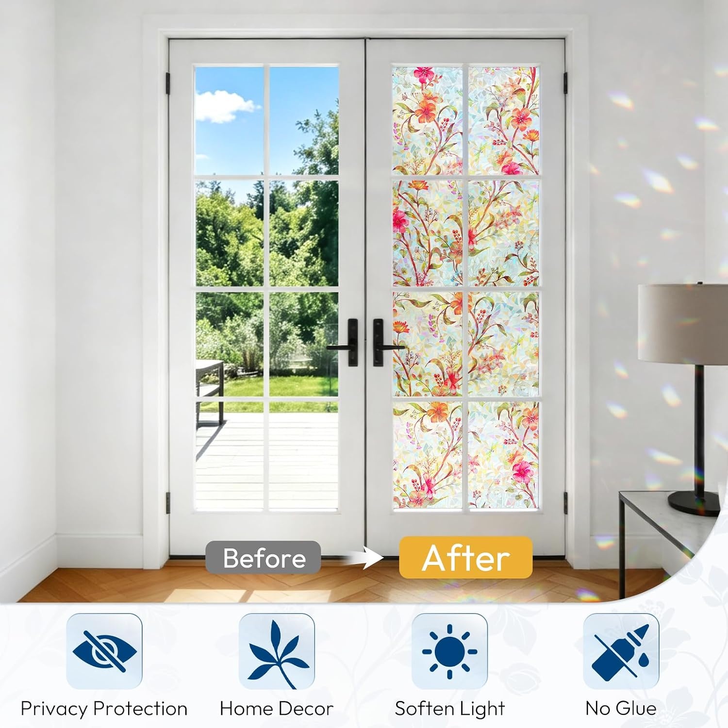 image:imagerabbitgoo Window Privacy Film Stained Glass Window Film Decorative 3D Rainbow Static Cling Colorful Decals UV Blocking NonAdhesive Coverings for Home Door Cosmos Flowers 175 x 787Cosmos