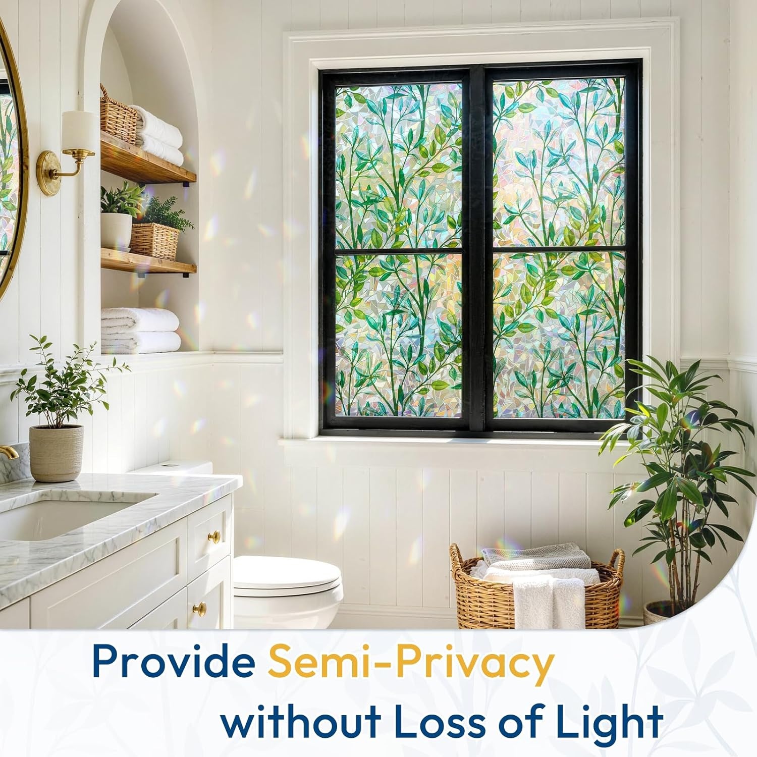 image:imagerabbitgoo Window Privacy Film Stained Glass Window Film Decorative 3D Rainbow Static Cling Colorful Decals UV Blocking NonAdhesive Coverings for Home Door Green Leaf 175 x 787Leaf