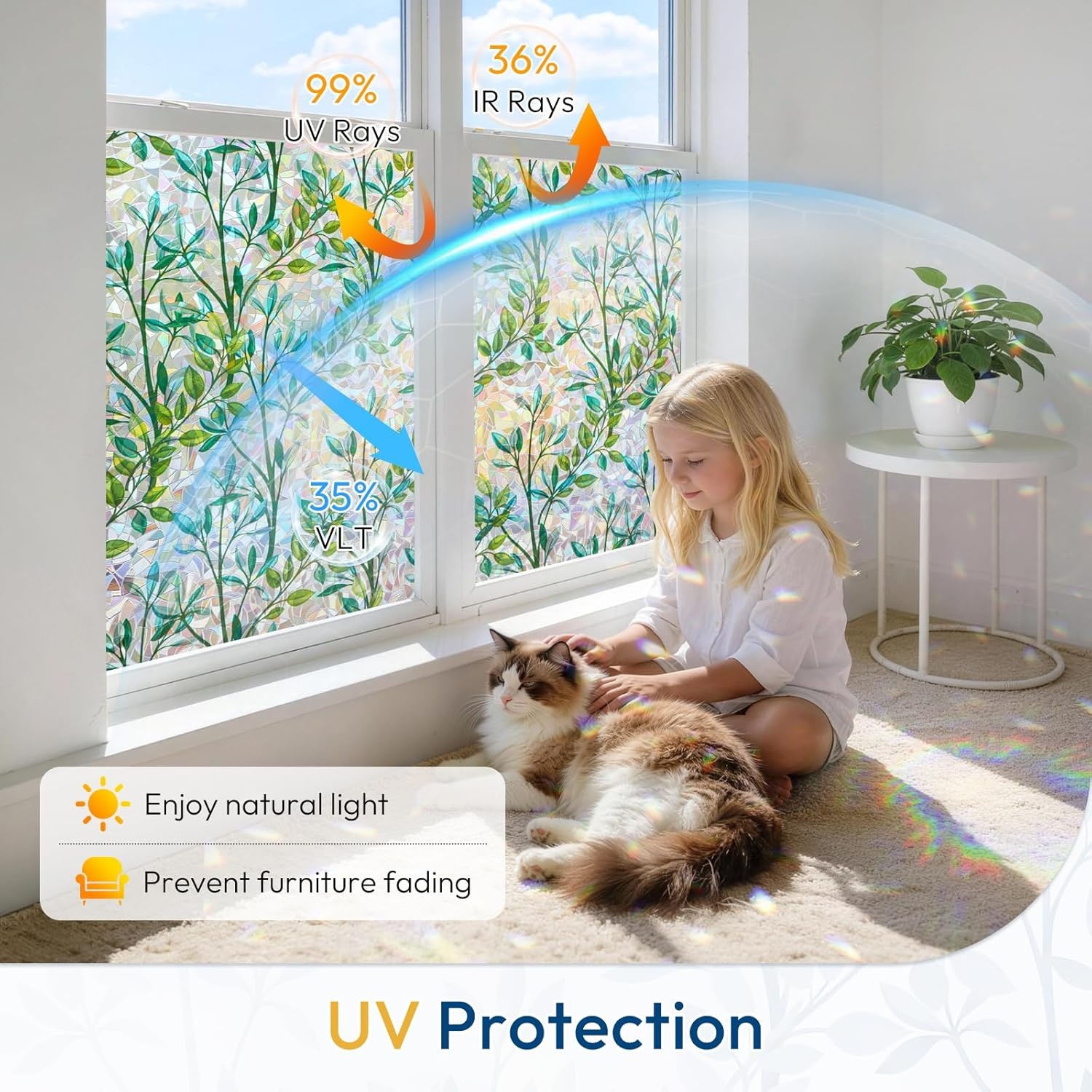 image:imagerabbitgoo Window Privacy Film Stained Glass Window Film Decorative 3D Rainbow Static Cling Colorful Decals UV Blocking NonAdhesive Coverings for Home Door Green Leaf 175 x 787Leaf