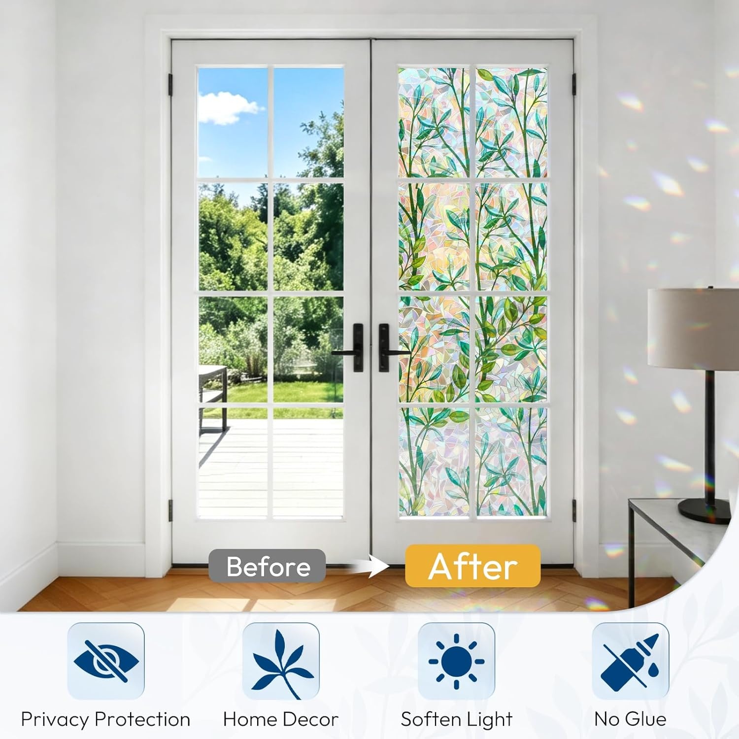 image:imagerabbitgoo Window Privacy Film Stained Glass Window Film Decorative 3D Rainbow Static Cling Colorful Decals UV Blocking NonAdhesive Coverings for Home Door Green Leaf 175 x 787Leaf