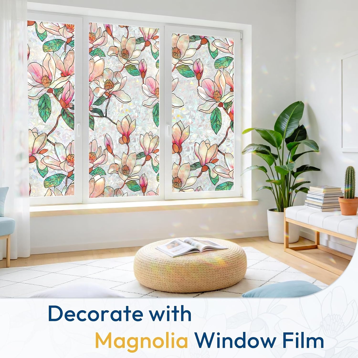 image:imagerabbitgoo Window Privacy Film Stained Glass Window Film Decorative 3D Rainbow Static Cling Colorful Decals UV Blocking NonAdhesive Coverings for Home Door Cosmos Flowers 175 x 787Magnolia