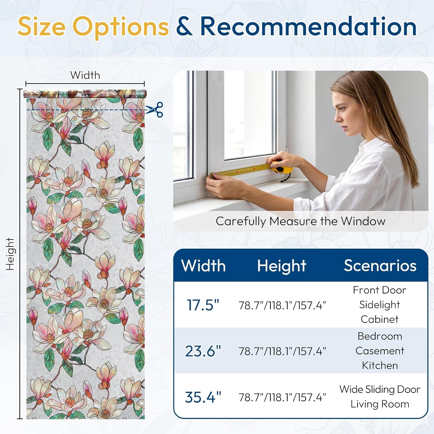 image:imagerabbitgoo Window Privacy Film Stained Glass Window Film Decorative 3D Rainbow Static Cling Colorful Decals UV Blocking NonAdhesive Coverings for Home Door Cosmos Flowers 175 x 787Magnolia