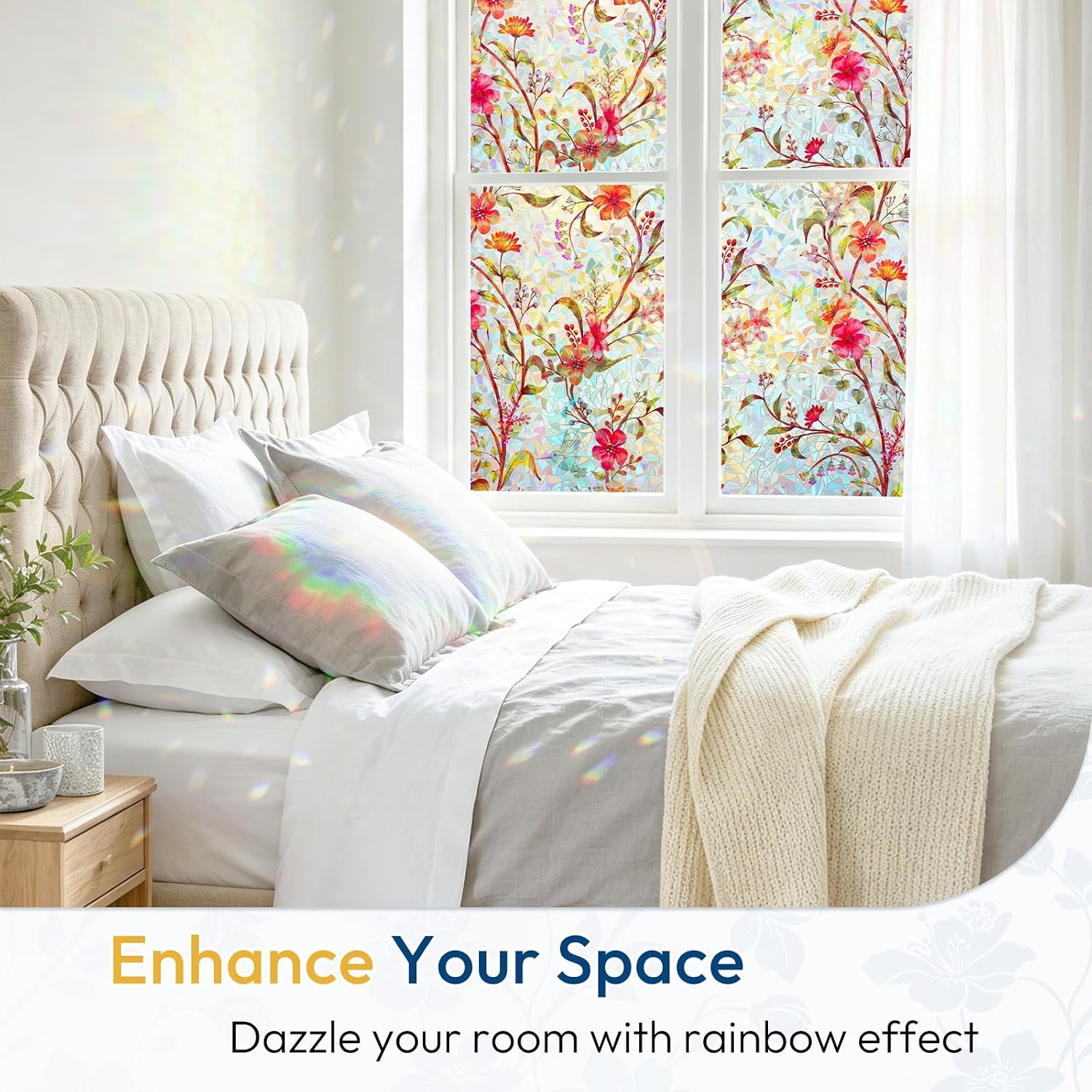 image:imagerabbitgoo Window Privacy Film Stained Glass Window Film Decorative 3D Rainbow Static Cling Colorful Decals UV Blocking NonAdhesive Coverings for Home Door Cosmos Flowers 175 x 787Cosmos