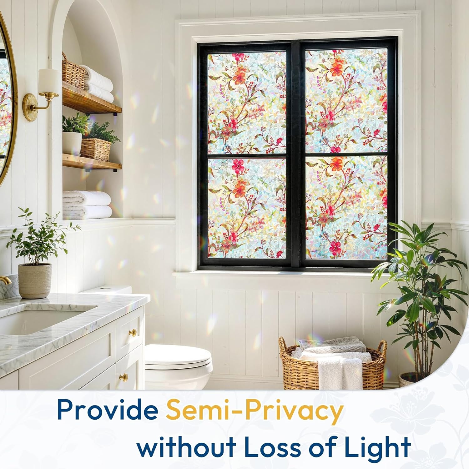 image:imagerabbitgoo Window Privacy Film Stained Glass Window Film Decorative 3D Rainbow Static Cling Colorful Decals UV Blocking NonAdhesive Coverings for Home Door Cosmos Flowers 175 x 787Cosmos
