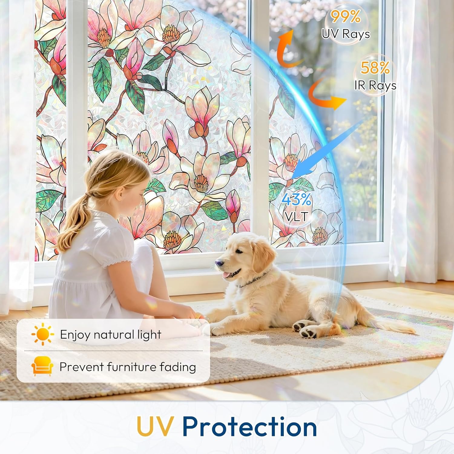image:imagerabbitgoo Window Privacy Film Stained Glass Window Film Decorative 3D Rainbow Static Cling Colorful Decals UV Blocking NonAdhesive Coverings for Home Door Cosmos Flowers 175 x 787Magnolia