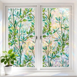 image:imagerabbitgoo Window Privacy Film Stained Glass Window Film Decorative 3D Rainbow Static Cling Colorful Decals UV Blocking NonAdhesive Coverings for Home Door Green Leaf 175 x 787Leaf