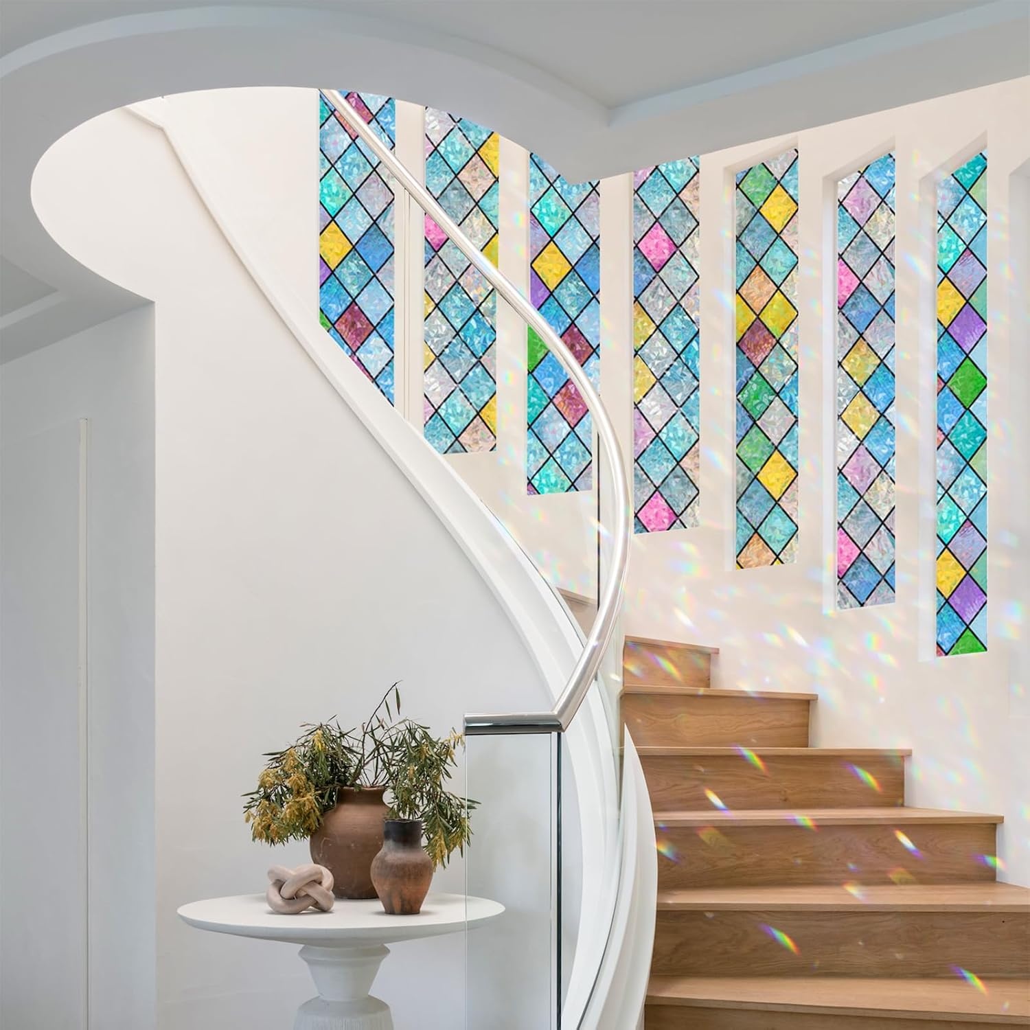 image:imagerabbitgoo Stained Glass Window Film Rainbow Film Decorative 3D Privacy Sticker Colorful Lattice Window Decals Cling Sun Catcher Static Decals for Home 295 x 787Lattice