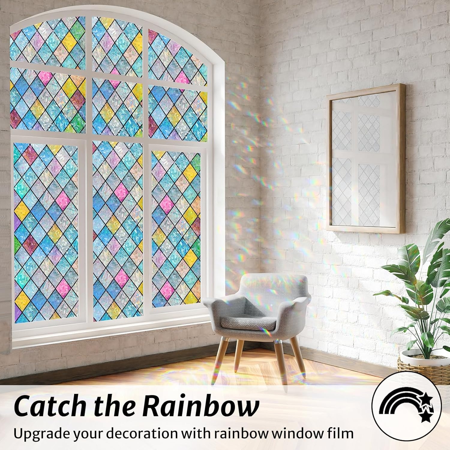 image:imagerabbitgoo Stained Glass Window Film Rainbow Film Decorative 3D Privacy Sticker Colorful Lattice Window Decals Cling Sun Catcher Static Decals for Home 295 x 787Lattice