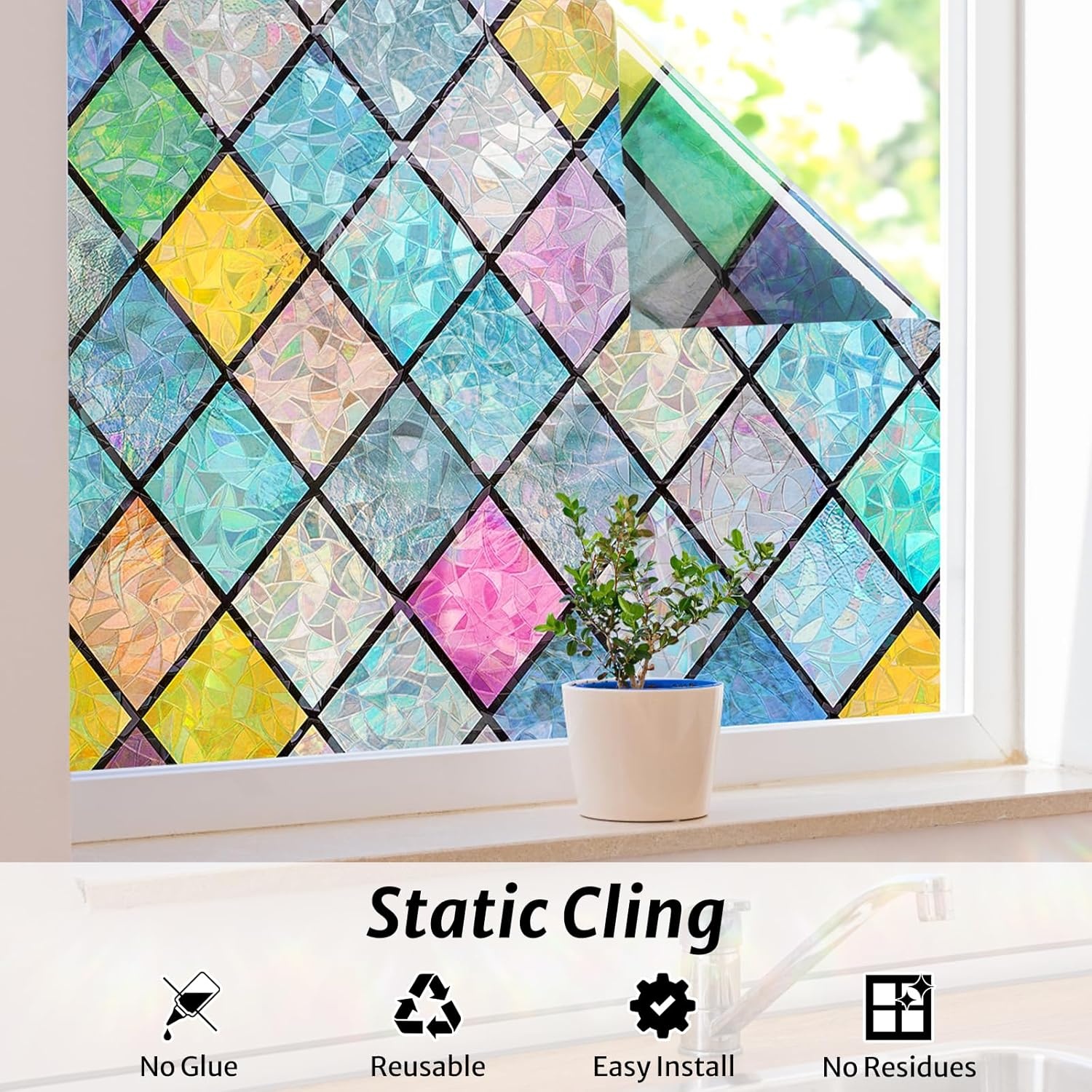 image:imagerabbitgoo Stained Glass Window Film Rainbow Film Decorative 3D Privacy Sticker Colorful Lattice Window Decals Cling Sun Catcher Static Decals for Home 295 x 787Lattice