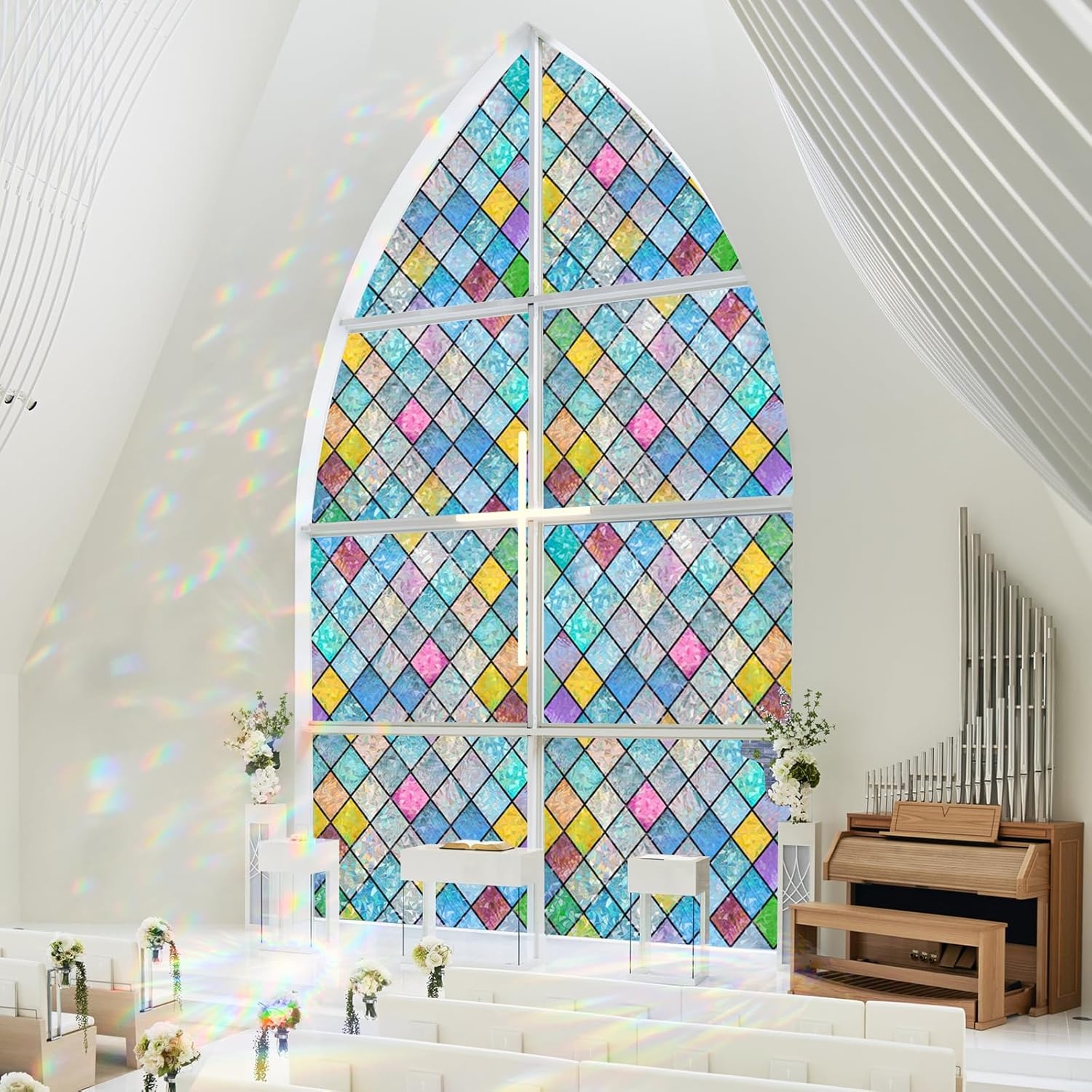 image:imagerabbitgoo Stained Glass Window Film Rainbow Film Decorative 3D Privacy Sticker Colorful Lattice Window Decals Cling Sun Catcher Static Decals for Home 295 x 787Lattice